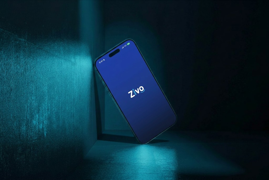 iPhone displaying the Zivo app with cyan brand lighting