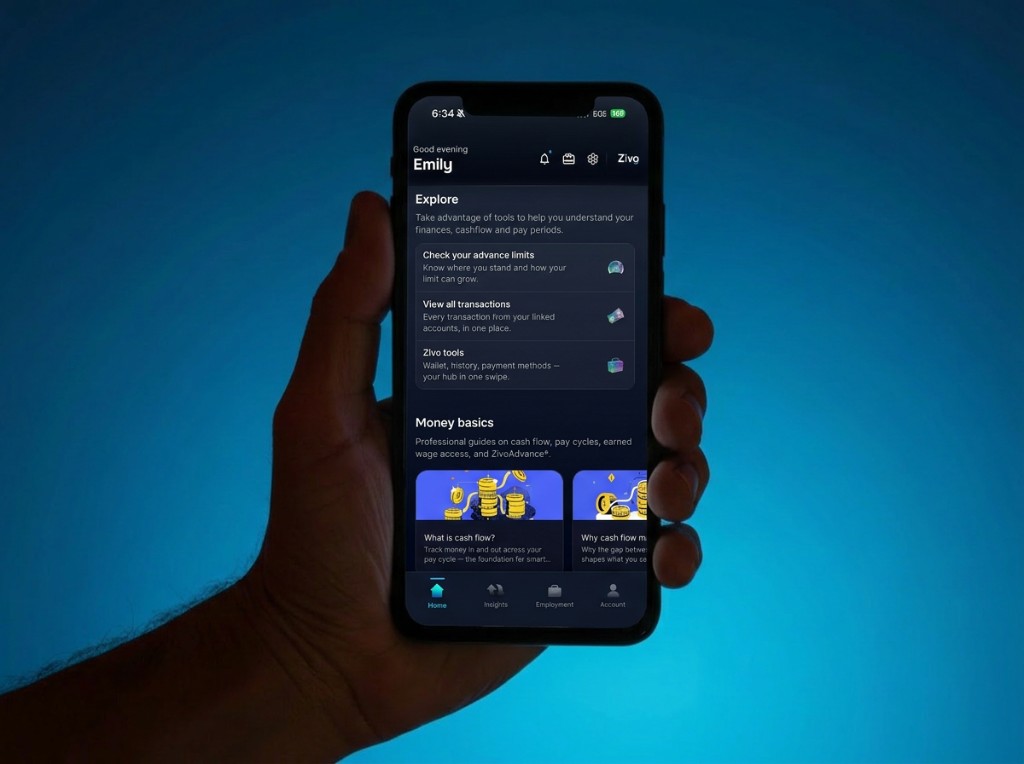Hand holding iPhone showing the Zivo app on a blue background